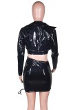 Winter Sexy Black PU Leather Halter Crop Vest and Mini Skinny Skirt with Jacket 3pcs Set