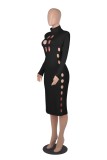 Fall Sexy Black Hollow Out High Neck Long Sleeve Long Dress