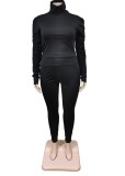 Fall Plus Size Black High Neck Ruffles Long Sleeve And Pant Two Piece Set