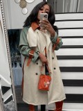 Fall Fashion Contrast Begie And Green Long Sleeve Button-Open Long Coat
