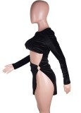 Fall Sexy Black Velvet Long Sleeve Cutout High Split Club Dress