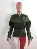 Winter Fashion Green Zippers Long Sleeve Drawstring Jacket