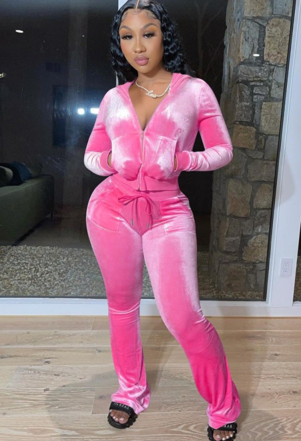 Fall Casual Rosy Pink Velvet Zipper Long Sleeve Hoody Top And Pant Set