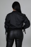 Winter Fashion Black Ribbed Zippers Long Sleeve Drawstring Jacket