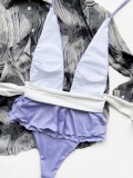 Summer Sexy Purple Contrast Belted Ruffles Bodysuit Swimwear