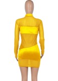 Fall Sexy Yellow See Through High Neck Long Sleeve Midi Dress