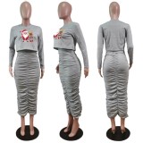 Christams Casaul Grey Print Long Sleeve Top And Shrinked Long Dress Set