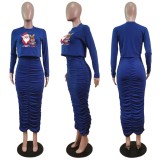 Christams Casaul Blue Print Long Sleeve Top And Shrinked Long Dress Set