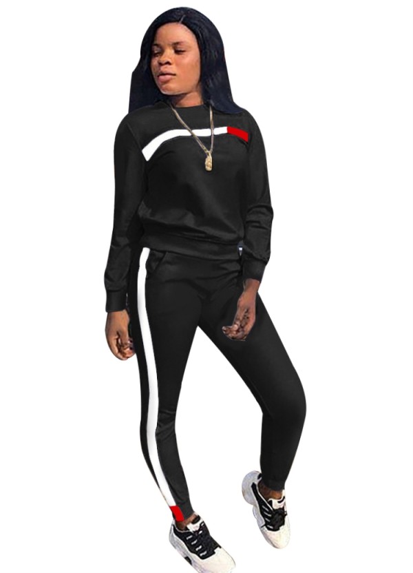 Fall Casual Black Contrast Round Neck Long Sleeve Jogger Two Piece Sweatsuits