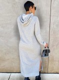 Winter Casual Grey Long Sleeve With Hood Slit Long Dress