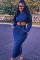 Herbst Sexy Blau Langarm Gebundenes Seil Crop Top und langer Rock Zweiteiler Set