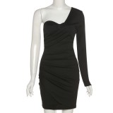 Fall Sexy Black One Shoulder Long Sleeve Ruched Club Dress