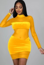 Vestido Midi Outono Sexy Amarelo Transparente de Gola Alta e Manga Longa