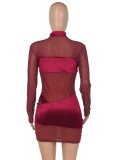 Fall Sexy Red See Through High Neck Long Sleeve Midi Dress