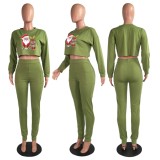 Christams Casaul Green Print Long Sleeve And Pant Two Piece Set
