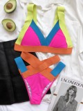 Sexy Two Piece Colorful Bandage Contrast Swimwear