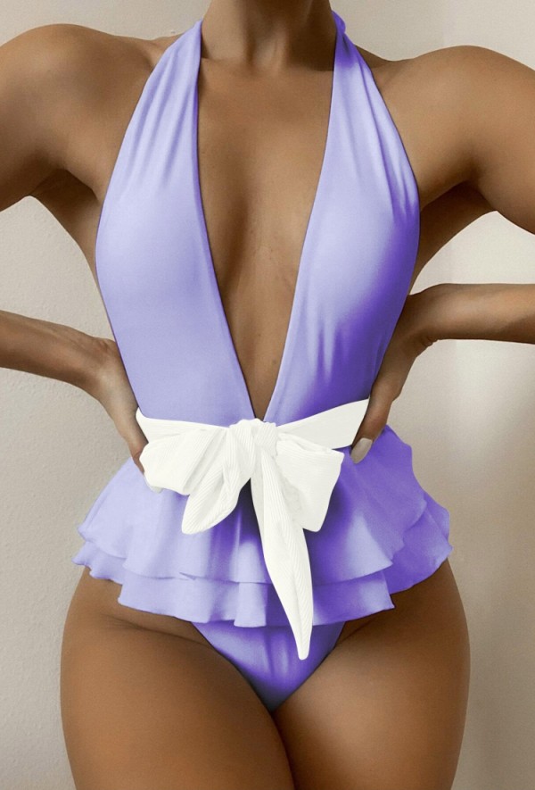 Summer Sexy Purple Contrast Belted Ruffles Bodysuit Swimwear