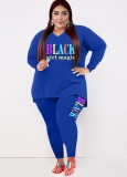 Fall Plus Size Casual Letter printed Blue Loose Shirt and Tight Pants Set
