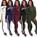 Fall Casual Burgundy Contrast Round Neck Long Sleeve Jogger Two Piece Sweatsuits