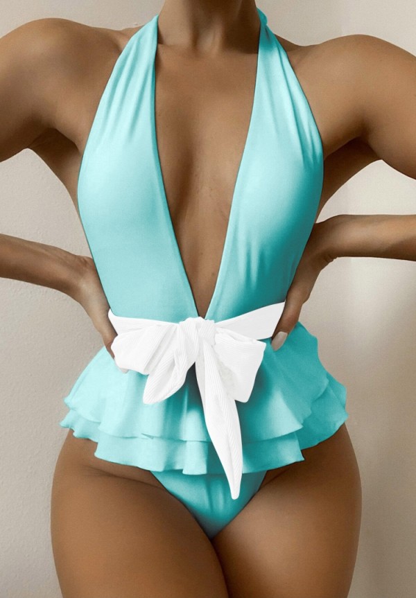Summer Sexy Blue Contrast Belted Ruffles Bodysuit Swimwear