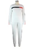 Fall Casual White Contrast Round Neck Long Sleeve Jogger Two Piece Sweatsuits