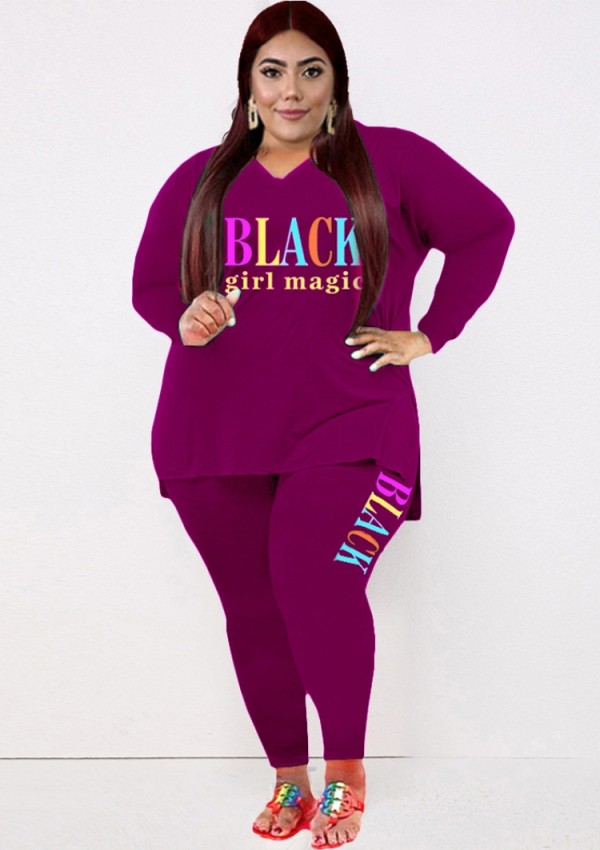 Fall Plus Size Casual Letter printed Purple Loose Shirt and Tight Pants Set
