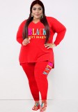 Fall Plus Size Casual Letter printed Red Loose Shirt and Tight Pants Set