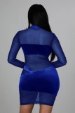 Fall Sexy Blue See Through High Neck Long Sleeve Midi Dress
