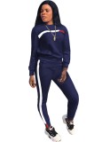 Fall Casual Blue Contrast Round Neck Long Sleeve Jogger Two Piece Sweatsuits