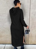 Winter Casual Black Long Sleeve With Hood Slit Long Dress