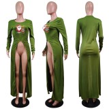 Christams Casaul Green Print Long Sleeve Silt Long Dress