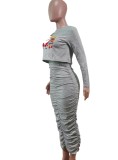Christams Casaul Grey Print Long Sleeve Top And Shrinked Long Dress Set