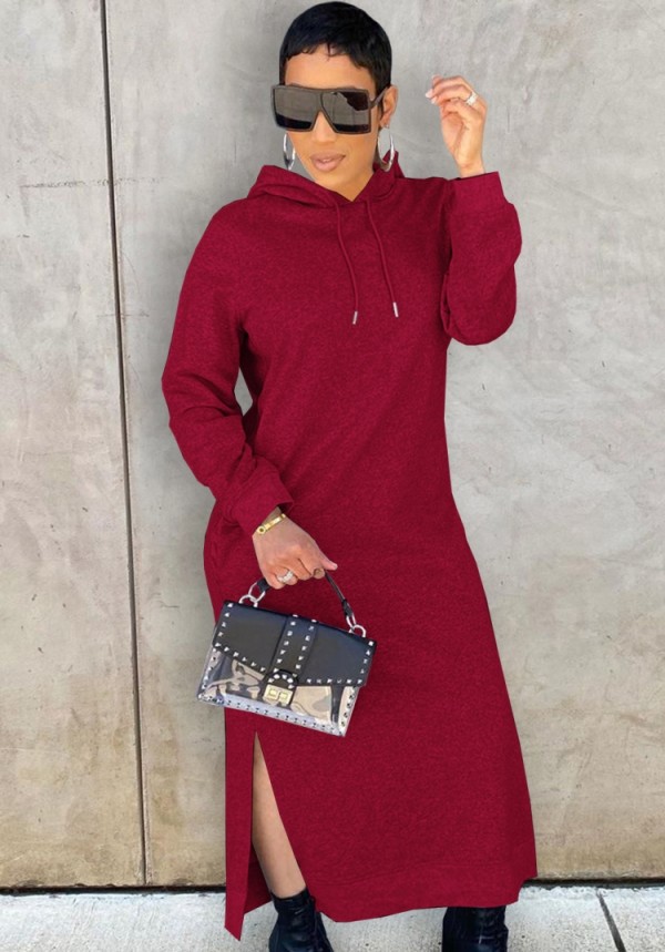 Winter Casual Red Long Sleeve With Hood Slit Long Dress