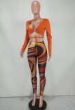 Fall Sexy Orange Wrap Tied Long Sleeve Crop Top and Printed Tight Pants Set