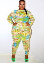 Fall Plus Size Chain Print Long Sleeve Tight Top and Match Pants Set