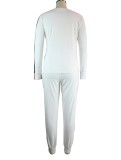 Fall Casual White Contrast Round Neck Long Sleeve Jogger Two Piece Sweatsuits