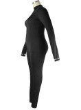 Fall Plus Size Sexy Pure Black Long Sleeve Slim Jumpsuit