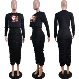 Christams Casaul Black Print Long Sleeve Top And Shrinked Long Dress Set