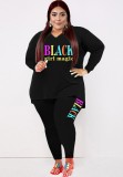 Fall Plus Size Casual Letter printed Black Loose Shirt and Tight Pants Set