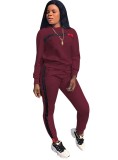 Fall Casual Burgundy Contrast Round Neck Long Sleeve Jogger Two Piece Sweatsuits