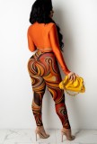 Fall Sexy Orange Wrap Tied Long Sleeve Crop Top and Printed Tight Pants Set