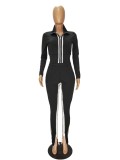 Fall Sexy Black Contrast Zipper Crop Two Piece Tracksuit