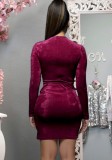 Fall Sexy Red Velvet Ruched Tight Bodysuit and Split Mini Skirt Set