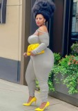 Fall Plus Size Grey Off Shoulder One Line Long Sleeve Jumpsuit