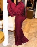 Fall Fashion Red Turn Down Collar Wide Long Sleeves Loose Jumpsuit