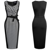 Summer Elegant Black Plaid Patch Sleeveless Slim Office Dress