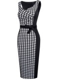 Summer Elegant Black Plaid Patch Sleeveless Slim Office Dress
