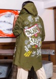 Winter Trendy Printed Green Button Up Loose Hoody Coat