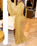 Fall Fashion Yellow Turn Down Collar Wide Long Sleeves Loose Jumpsuit