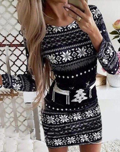 Christmas Sexy Round Neck Long Sleeve Midi Dress